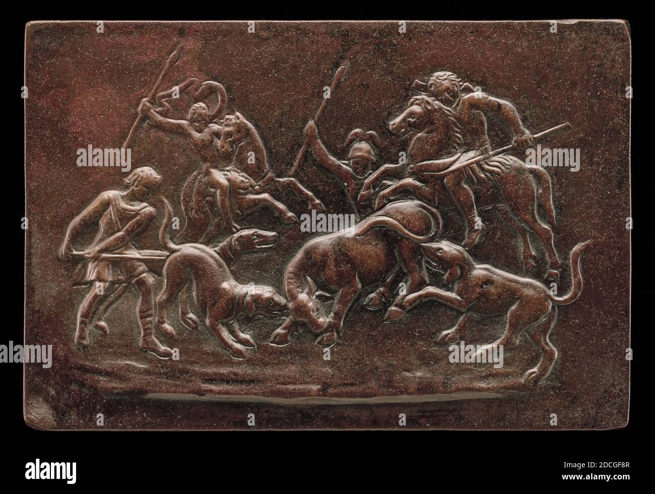 Anonymous Artist, (sculptor), Giovanni Bernardi, (artist after), Bolognese, 1494 - 1553, Bull-Baiting, bronze/Red-brown patina, overall: 6.4 x 9.4 cm (2 1/2 x 3 11/16 in.) gross weight: 138 gr Stock Photo