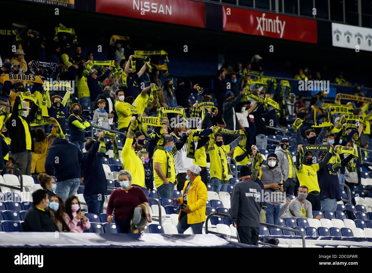 Nashville, TN, USA. 20th Nov, 2020. Nashville SC fans cheer their team on during the MLS Cup Playoffs Eastern Conference Play-In game between Nashville SC and Inter Miami, November 20, 2020 at Nissan Stadium Credit: Action Plus Sports/Alamy Live News Stock Photo