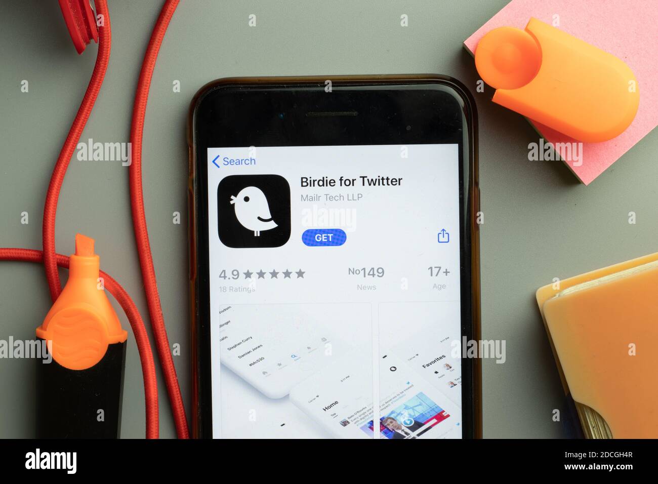 New York, United States - 7 November 2020: Phone screen close-up with Birdie for Twitter mobile app logo on display, Illustrative Editorial. Stock Photo
