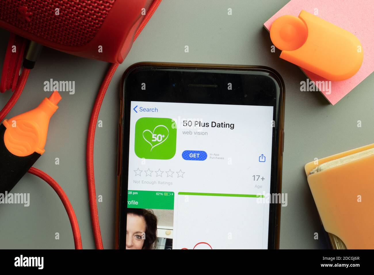 New York, United States - 7 November 2020: Phone screen close-up with 50 Plus Dating mobile app logo on display, Illustrative Editorial. Stock Photo