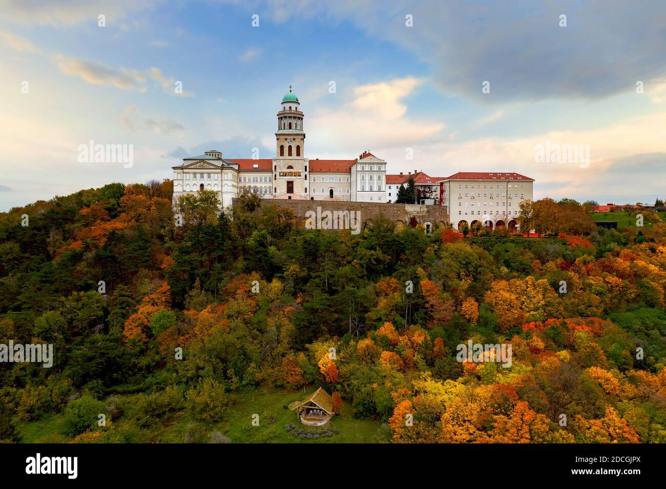 Fantastic arieal photo of Pannonhalama Benedictine abbey in Hungary. Amazing historical building with a beautiful church and library. Popular tourist Stock Photo