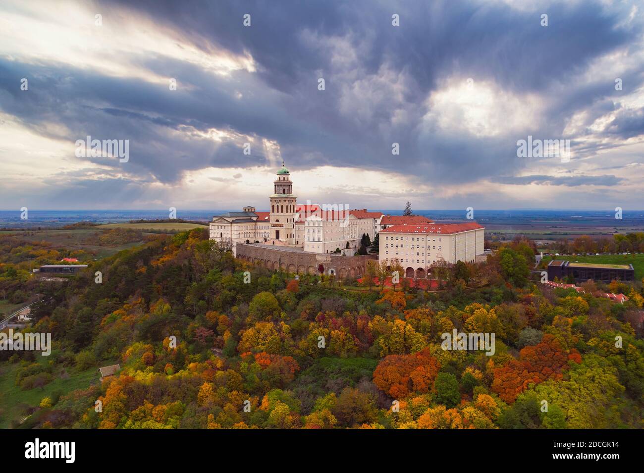 Fantastic arieal photo of Pannonhalama Benedictine abbey in Hungary. Amazing historical building with a beautiful church and library. Popular tourist Stock Photo