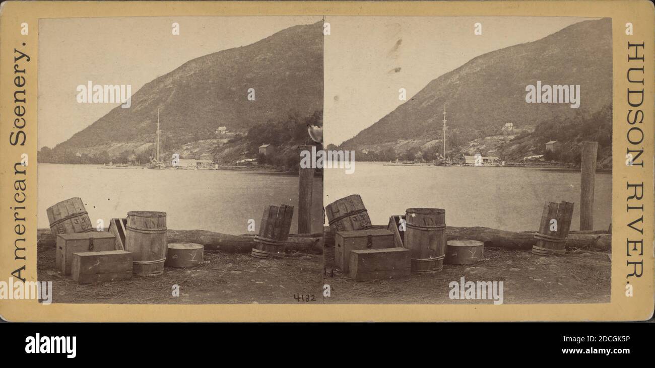 Below Stormking., ca. 1855-ca. 1930, Piers & wharves, Barrels, Shorelines, New York (State), Hudson River Valley (N.Y. and N.J.), Hudson Highlands (N.Y Stock Photo