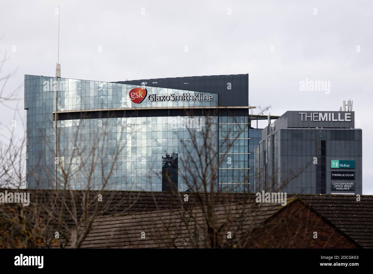 GlaxoSmithKline headquarters in Brentford with The Mille offices in front. Stock Photo