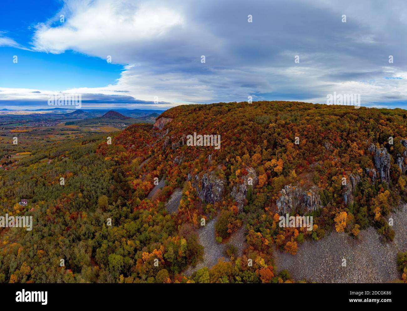 Saint Gerorge Hill in Hungary badacsony region. Amazing vulcanic mountain where giant basalt columns  located. Beautiful autumn colorful photo. Perfed Stock Photo