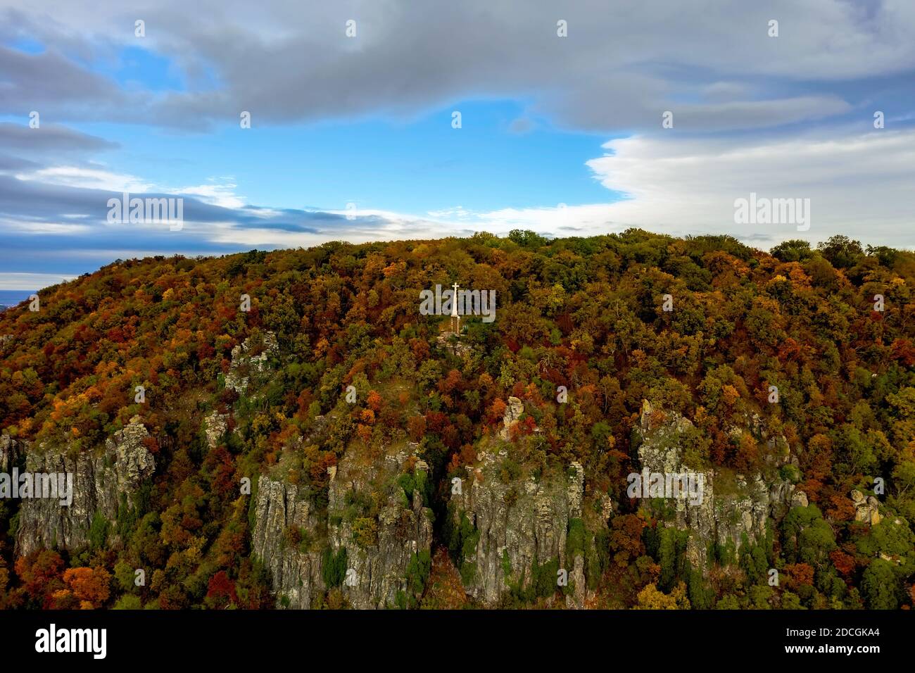 Saint Gerorge Hill in Hungary badacsony region. Amazing vulcanic mountain where giant basalt columns  located. Beautiful autumn colorful photo. Perfed Stock Photo