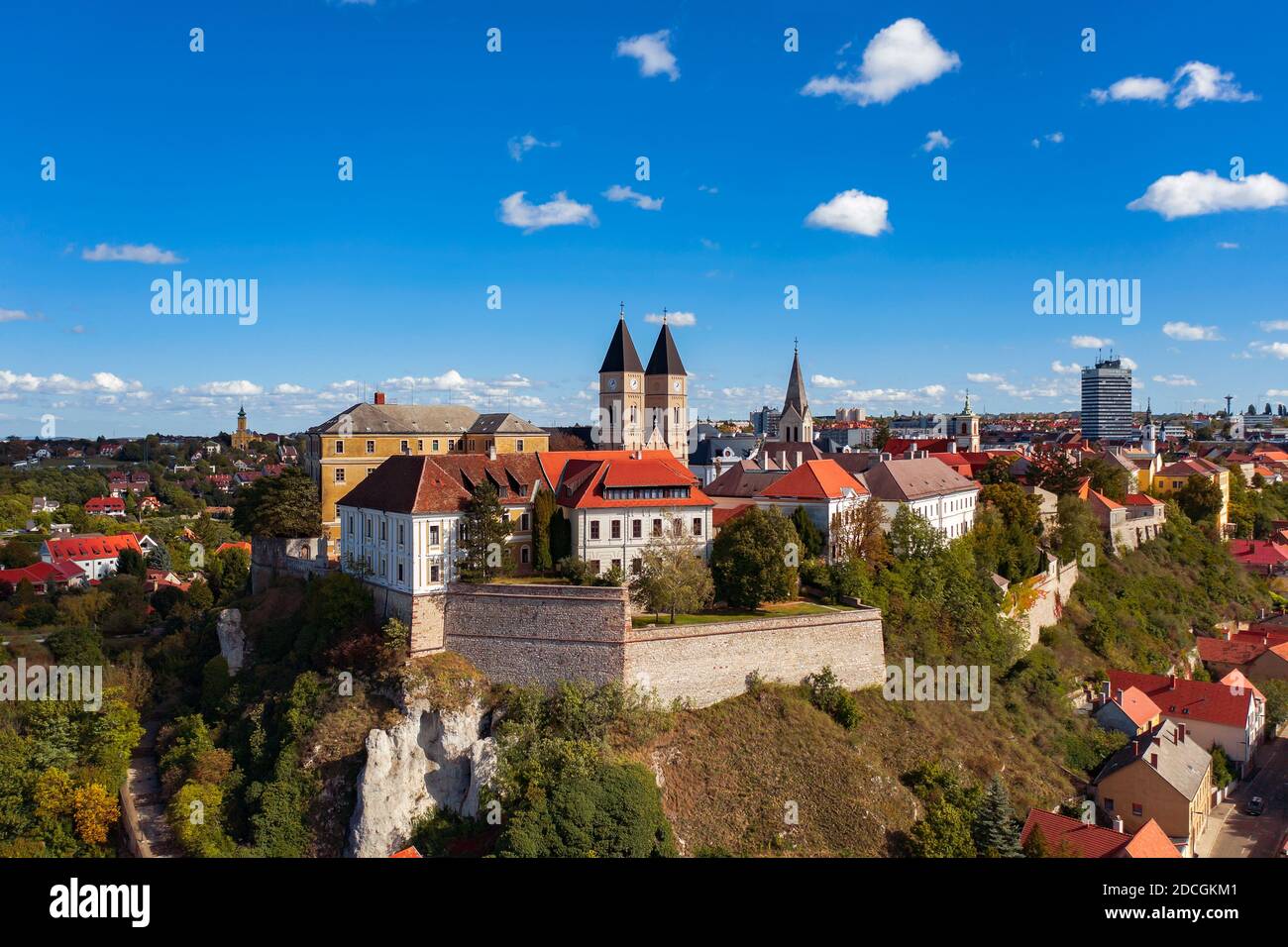Veszprem city castle aera in aerial photo. Amazing city part with historical old houses, church and much more. The most beautiful part of this city. Stock Photo