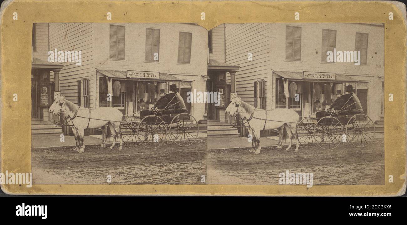 View of a Taylor Shop, Main Street, Hackensack., Terhune, A. D., Carriages & coaches, Tailor shops, Commercial streets, New Jersey, Hackensack (N.J Stock Photo