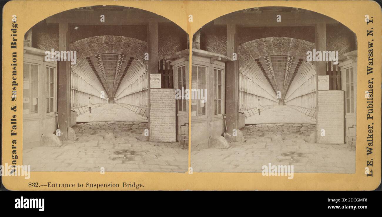 Entrance to Suspension Bridge., Walker, L. E. (1826-1916), New York (State), Niagara Falls (N.Y. and Ont.), Niagara Falls Stock Photo
