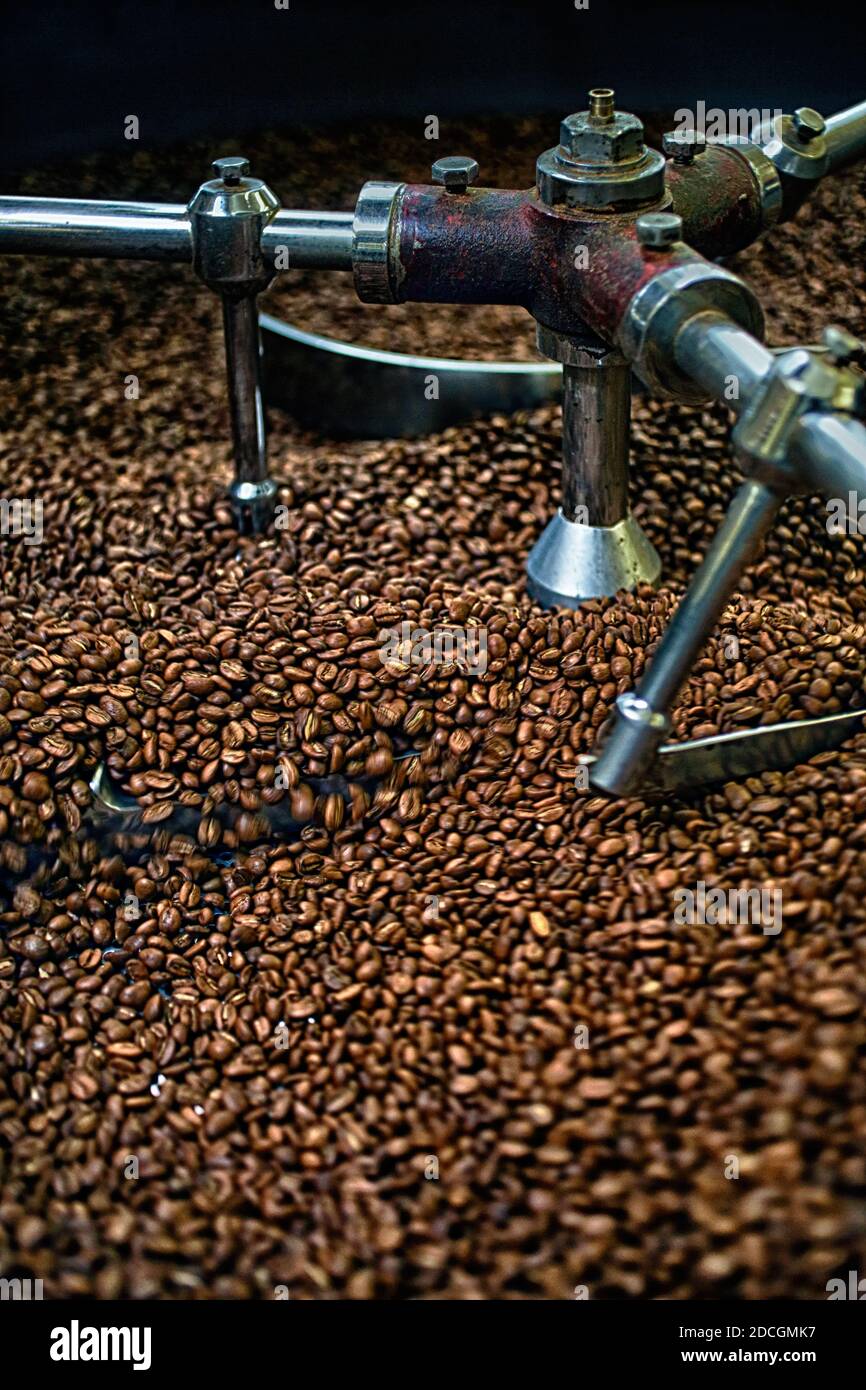 Great Britain / England / London /Coffee Beans Roasting . Coffee Roasting Machine Stock Photo
