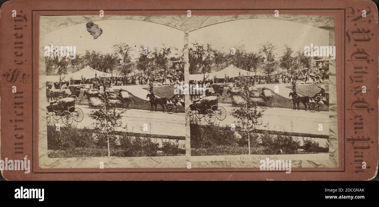 Music day in the park. Crowd and coaches gather around music stand and tents., New York (State), New York (N.Y.), New York, Central Park (New York, N.Y.), Manhattan (New York, N.Y Stock Photo