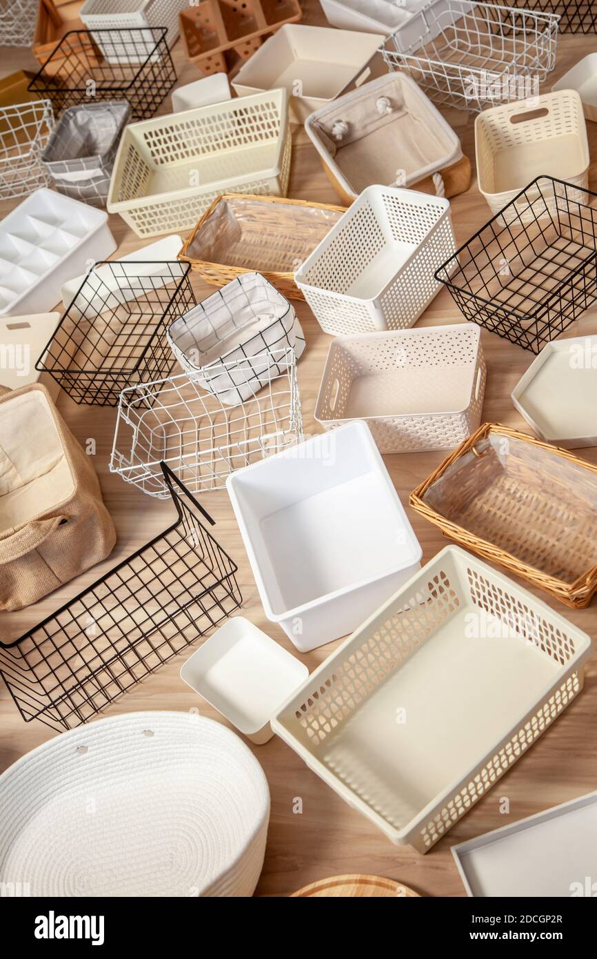 Flat lay of Marie Kondo's storage boxes, containers and baskets with