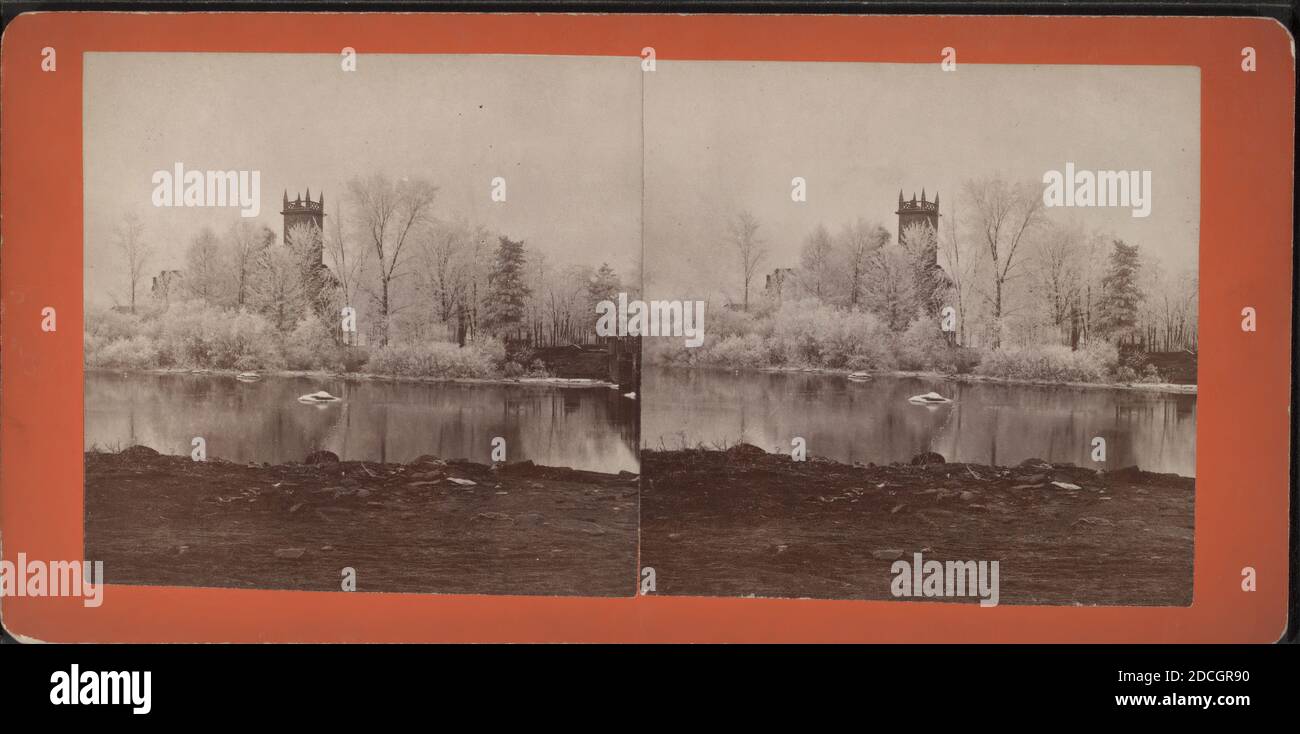 River view with Trinity Episcopal Church and trees that appear coated with ice., Stone, N. L., Rivers, Episcopal churches, Ice, New York (State Stock Photo