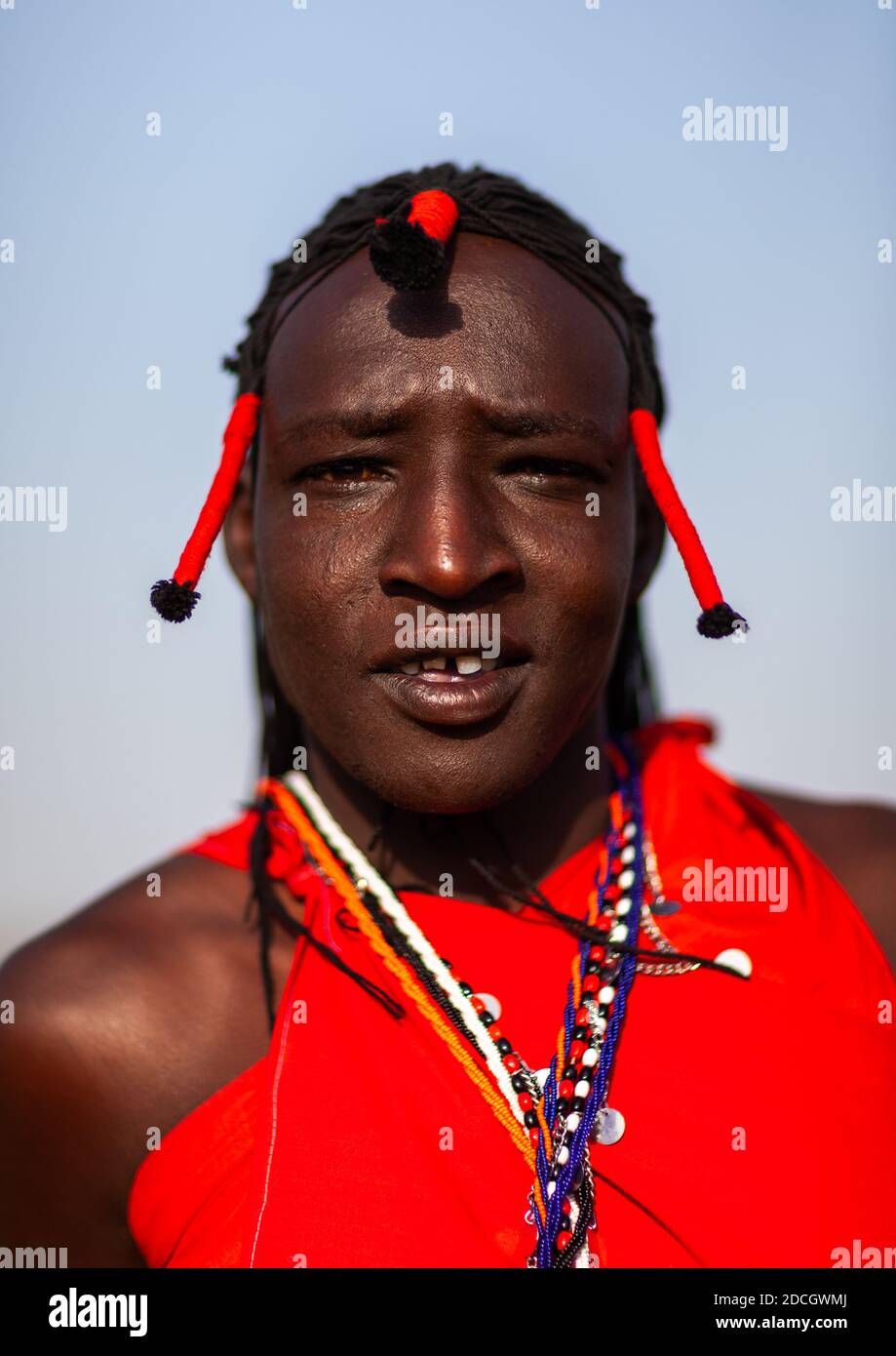 Portrait of a Maasai tribe man, Rift Valley Province, Maasai Mara, Kenya Stock Photo