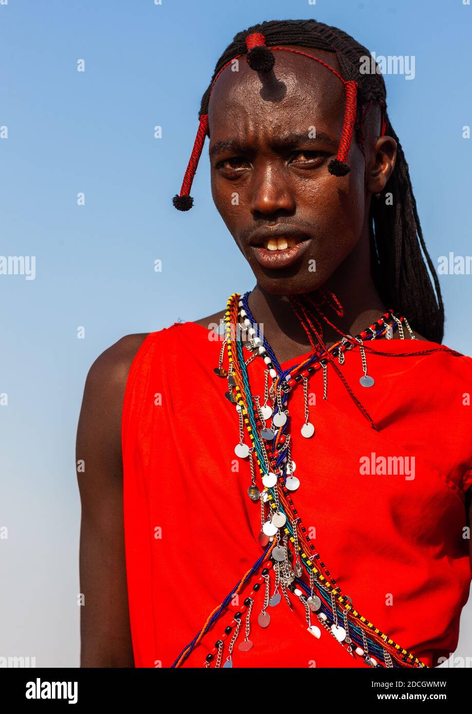 Portrait of a Maasai tribe man, Rift Valley Province, Maasai Mara, Kenya Stock Photo