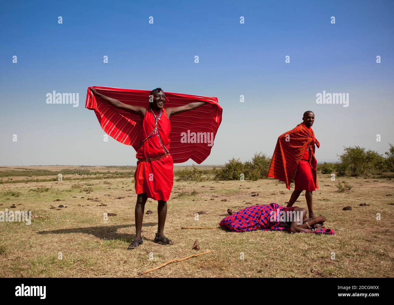 Maasai tribe men portrait wearing traditional clothing, Rift Valley Province, Maasai Mara, Kenya Stock Photo