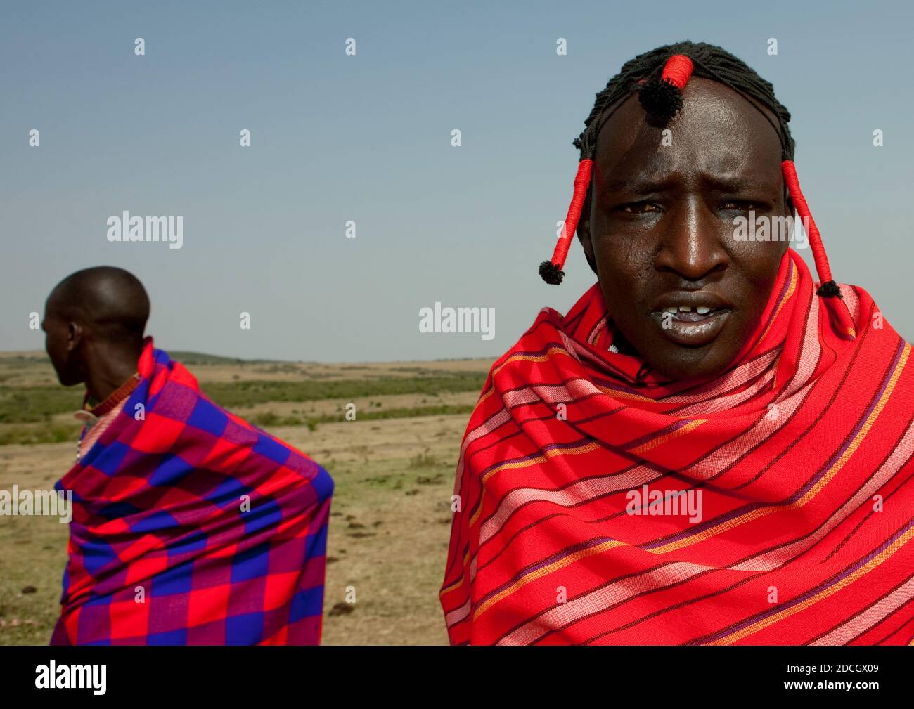 Maasai tribe men portrait wearing traditional clothing, Rift Valley Province, Maasai Mara, Kenya Stock Photo