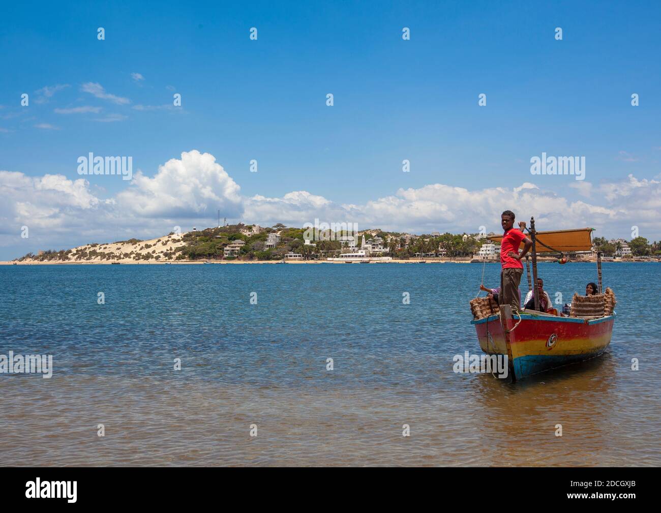 Taxo boat arriving on the beach, Lamu County, Manda island, Kenya Stock ...