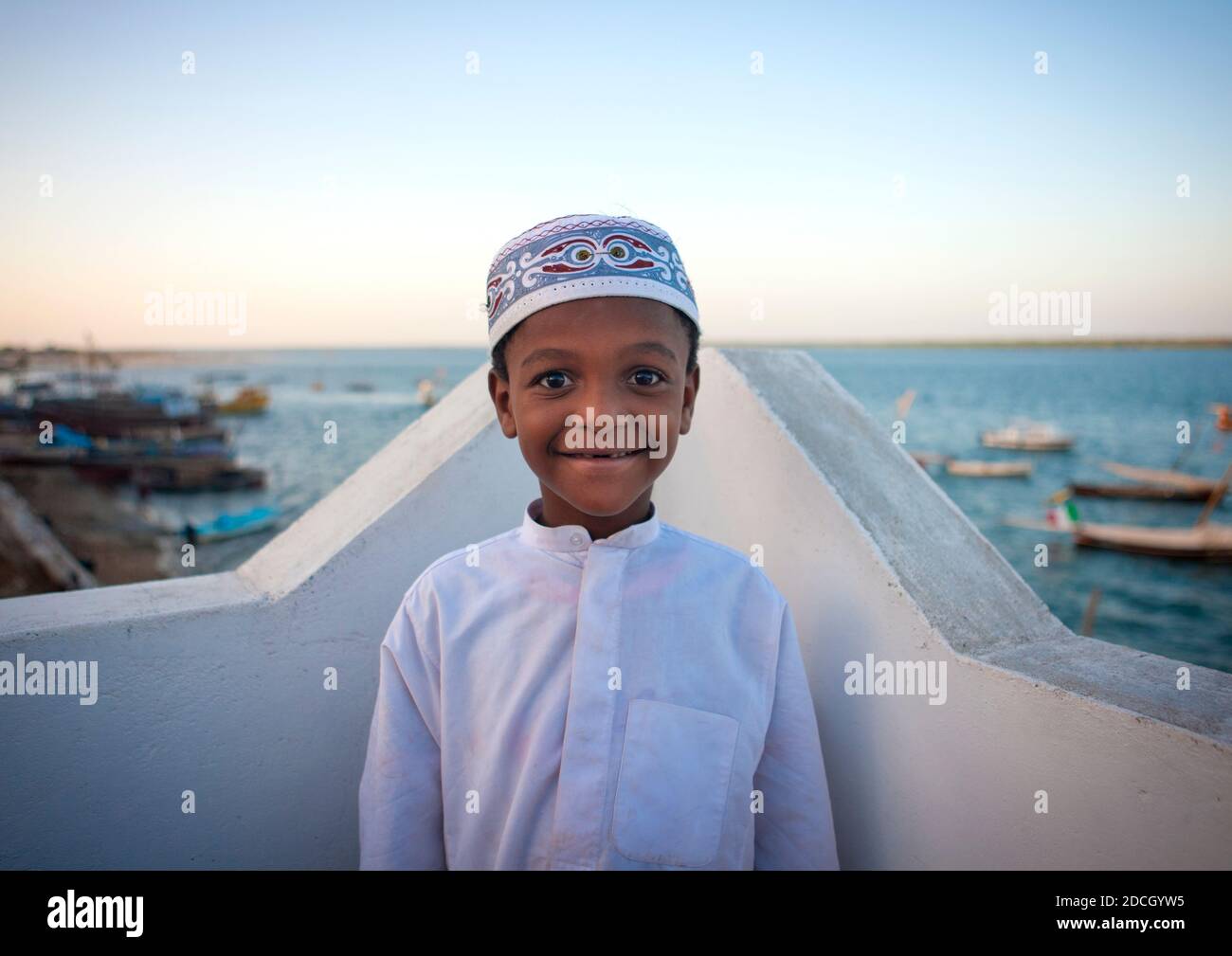 Little muslim boy wearing kofia hat, Lamu County, Lamu, Kenya Stock Photo