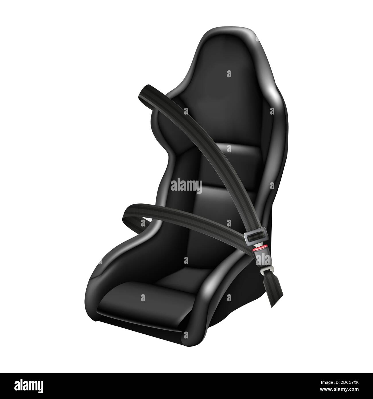 3d realistic vector icon illustration of sport car black leather car seat with fasten seat belt. Side view. Stock Vector