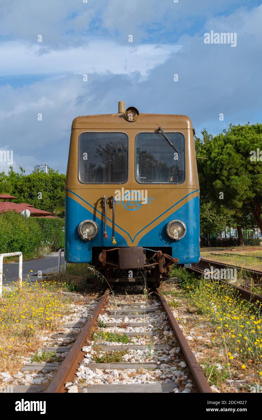 Diakopto, Greece - June 6 2020: Old trains at Diakopto train station used for the Odontotos rack railway Stock Photo