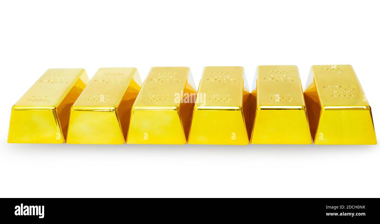 Closeup shiny 6 gold bar 1 kg on white background with clipping path Stock Photo