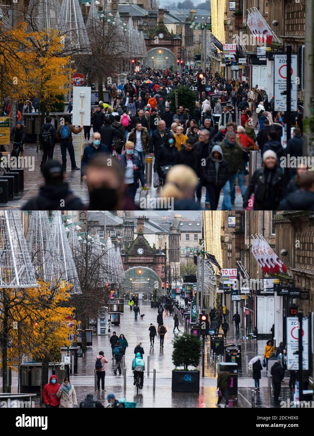 Glasgow, Scotland, UK. 21 November 2020. Two images of Buchanan Street both taken at 1pm on Friday before lockdown and Saturday after lockdown showing the busy Christmas shopping street compared to empty street when shops are close. Iain Masterton/Alamy Live News Stock Photo