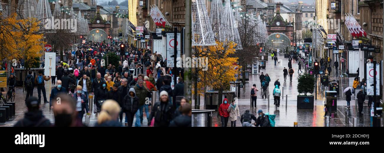 Glasgow, Scotland, UK. 21 November 2020. Two images of Buchanan Street both taken at 1pm on Friday before lockdown and Saturday after lockdown showing the busy Christmas shopping street compared to empty street when shops are close. Iain Masterton/Alamy Live News Stock Photo