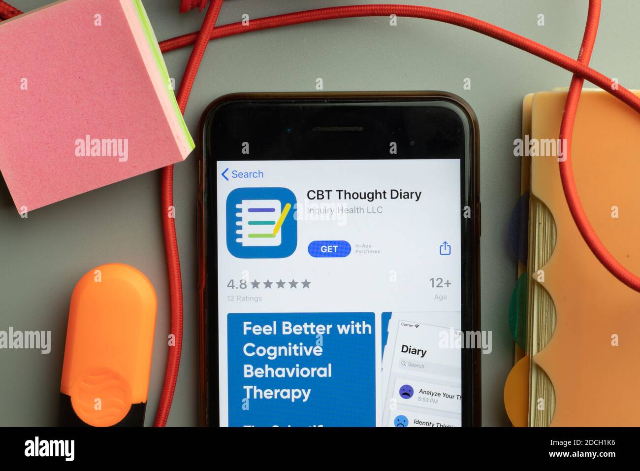 New York, United States - 7 November 2020: CBT Thought Diary app store logo on phone screen, Illustrative Editorial. Stock Photo