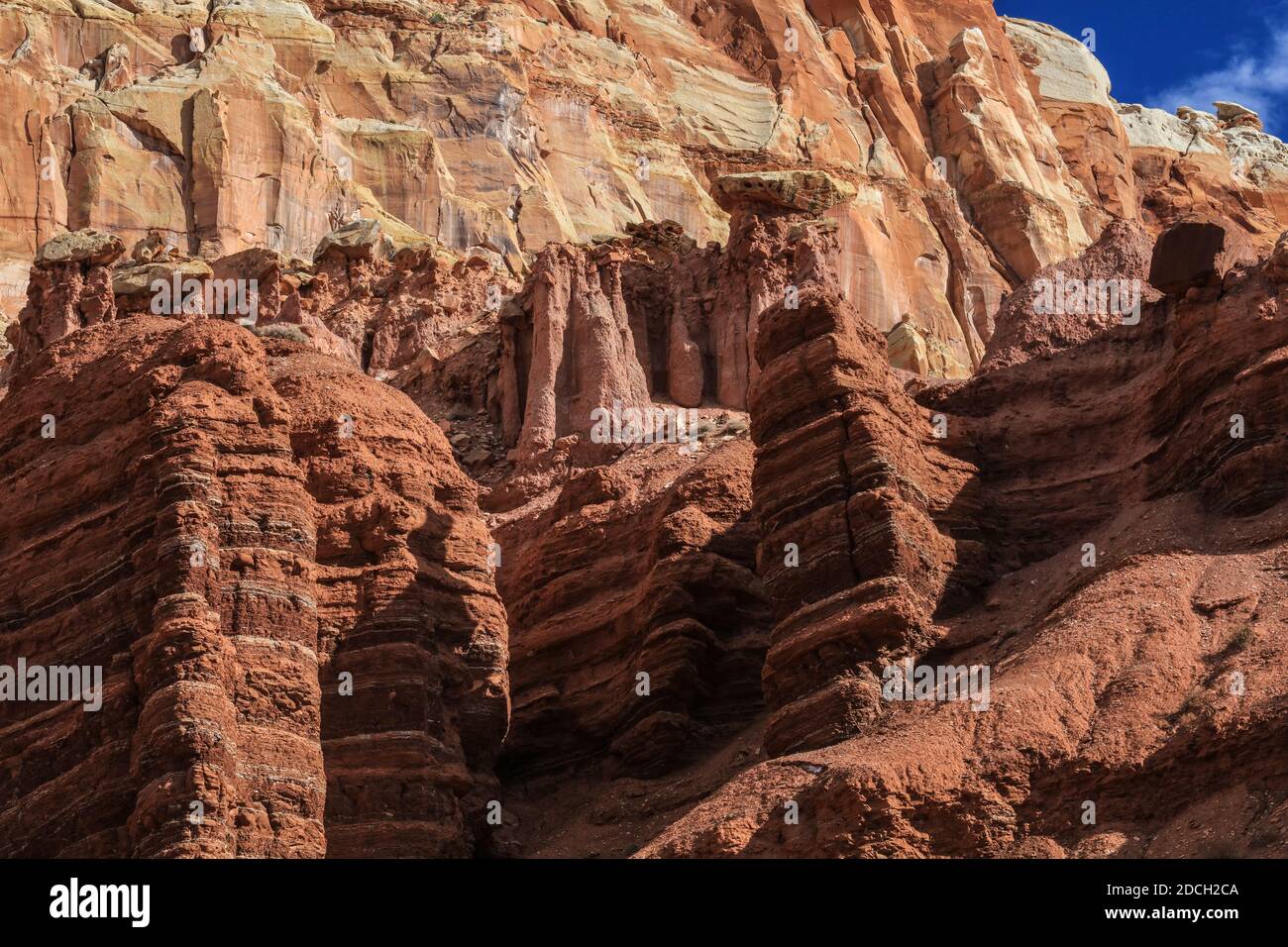 Capitol Reef National Park is centred over the 100 mile long Waterpocket Fold which has been eroded into some of the finest landscape in the USA. Stock Photo