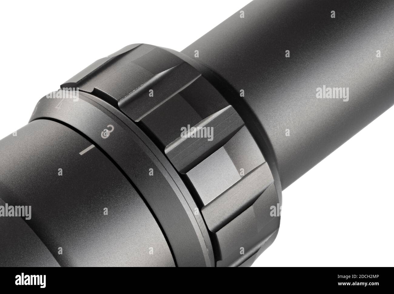 Power dial on a rifle scope set to three magnification on a white background Stock Photo Alamy