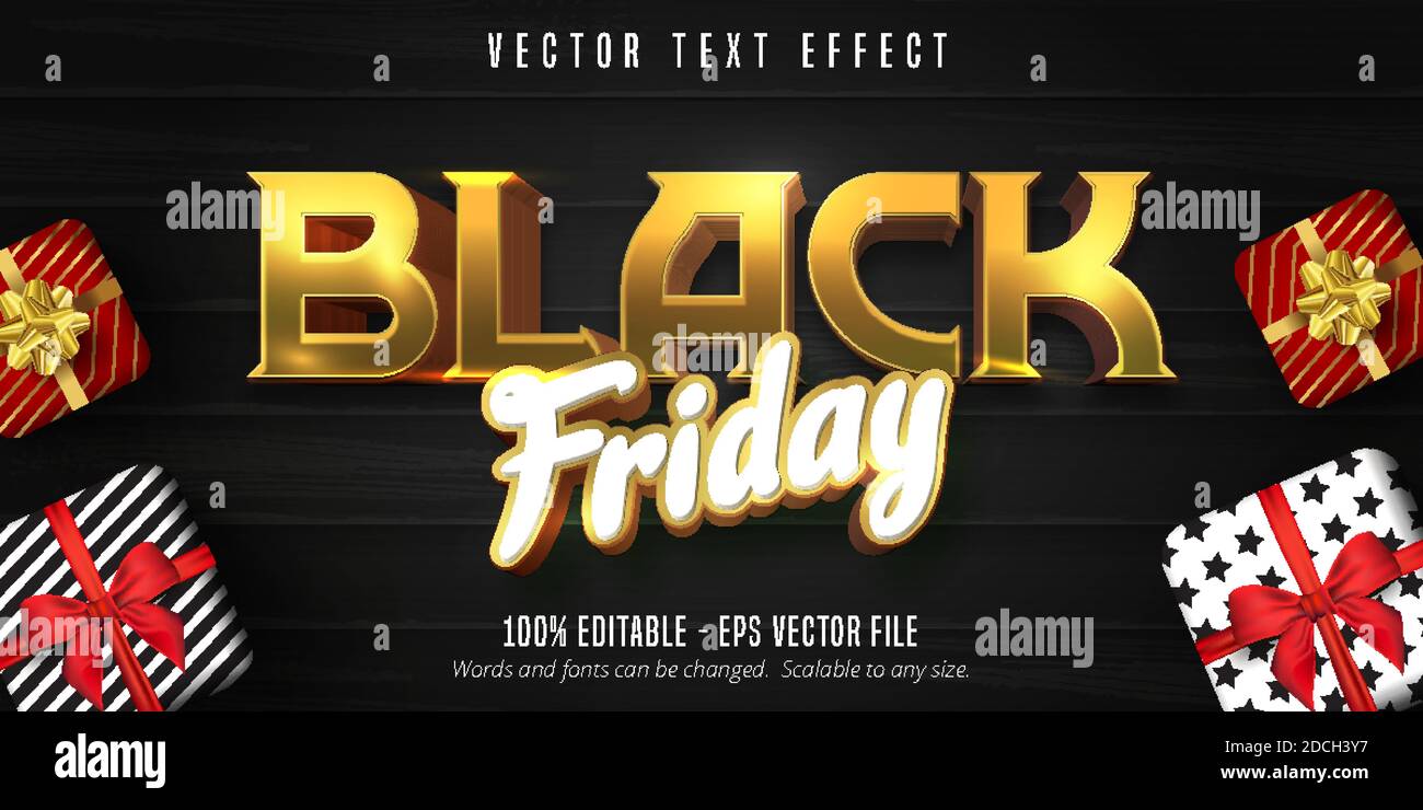Black friday text, editable text effect. Black friday sale banner layout design template. Realistic gift boxes. Stock Vector