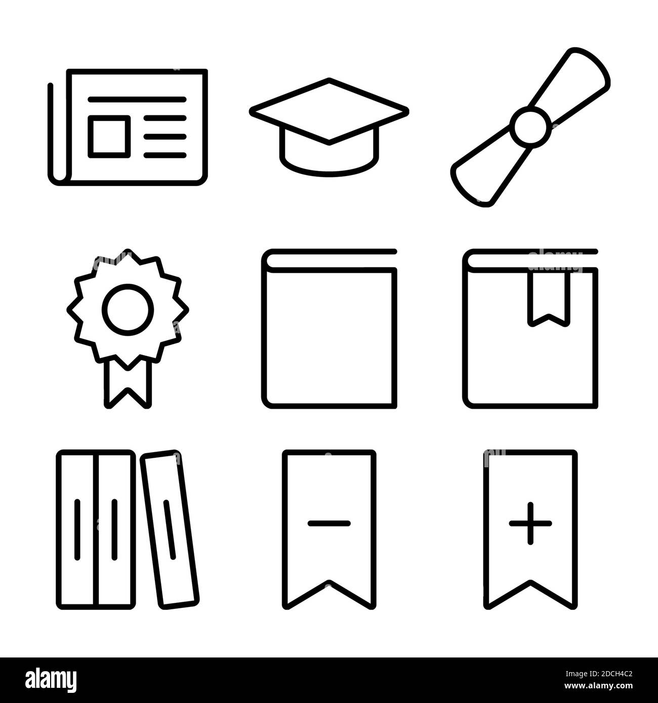 Line icons symbols graduation hat paper emblem bookmark books Stock Photo