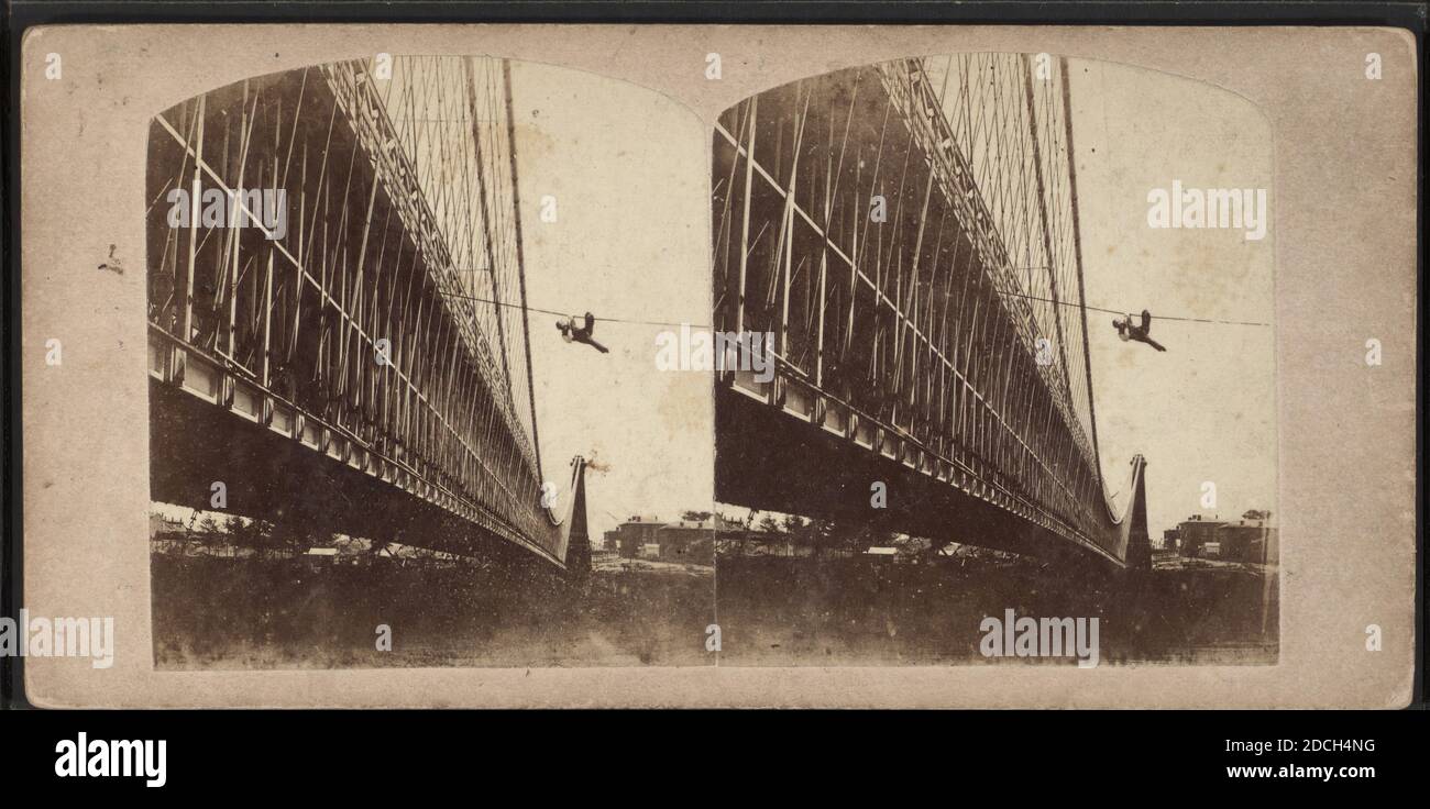 Railway Suspension Bridge Niagara. Mr. Blondin in the daring act of acscending one of the wires that secures the bridge..., Blondin, 1824-1897, 1860, New York (State), Niagara Falls (N.Y. and Ont Stock Photo