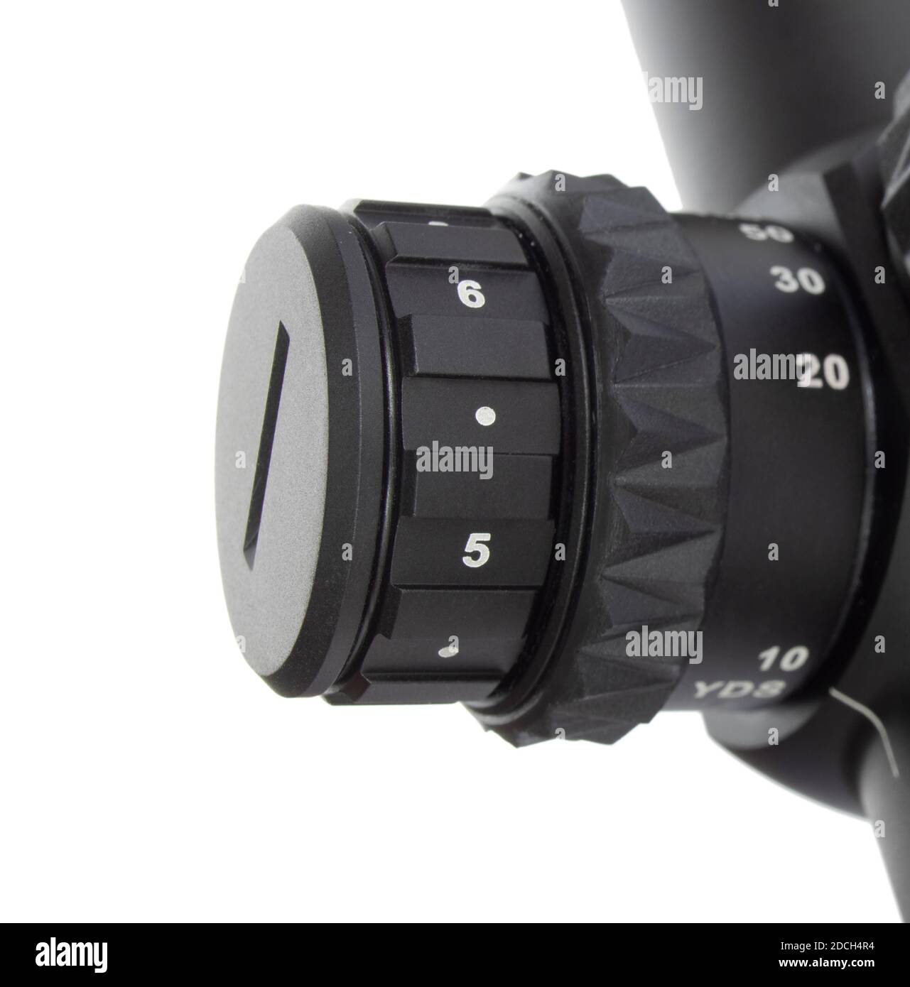 Reticle brightness and parallax adjustment knobs on a rifle scope Stock