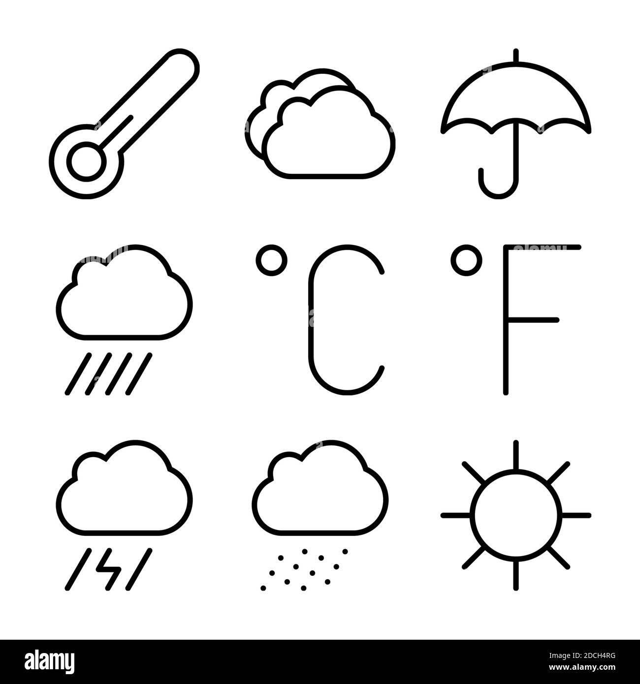 Line Icons symbols thermometer forecast Fahrenheit snow rain cloudy Stock Photo