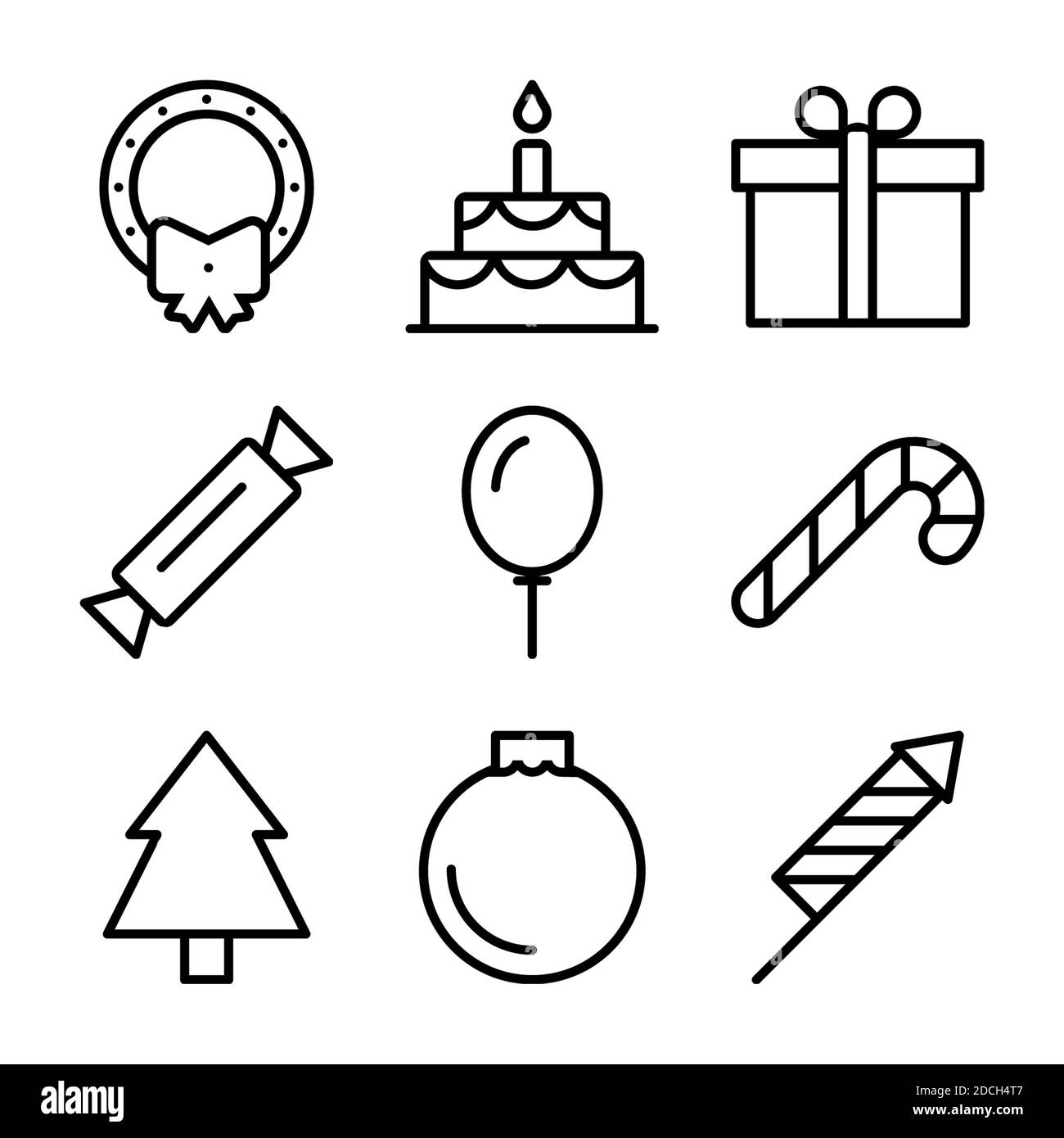 Line Icons symbols cake birthday balloon fireworks tree Christmas balls Stock Photo