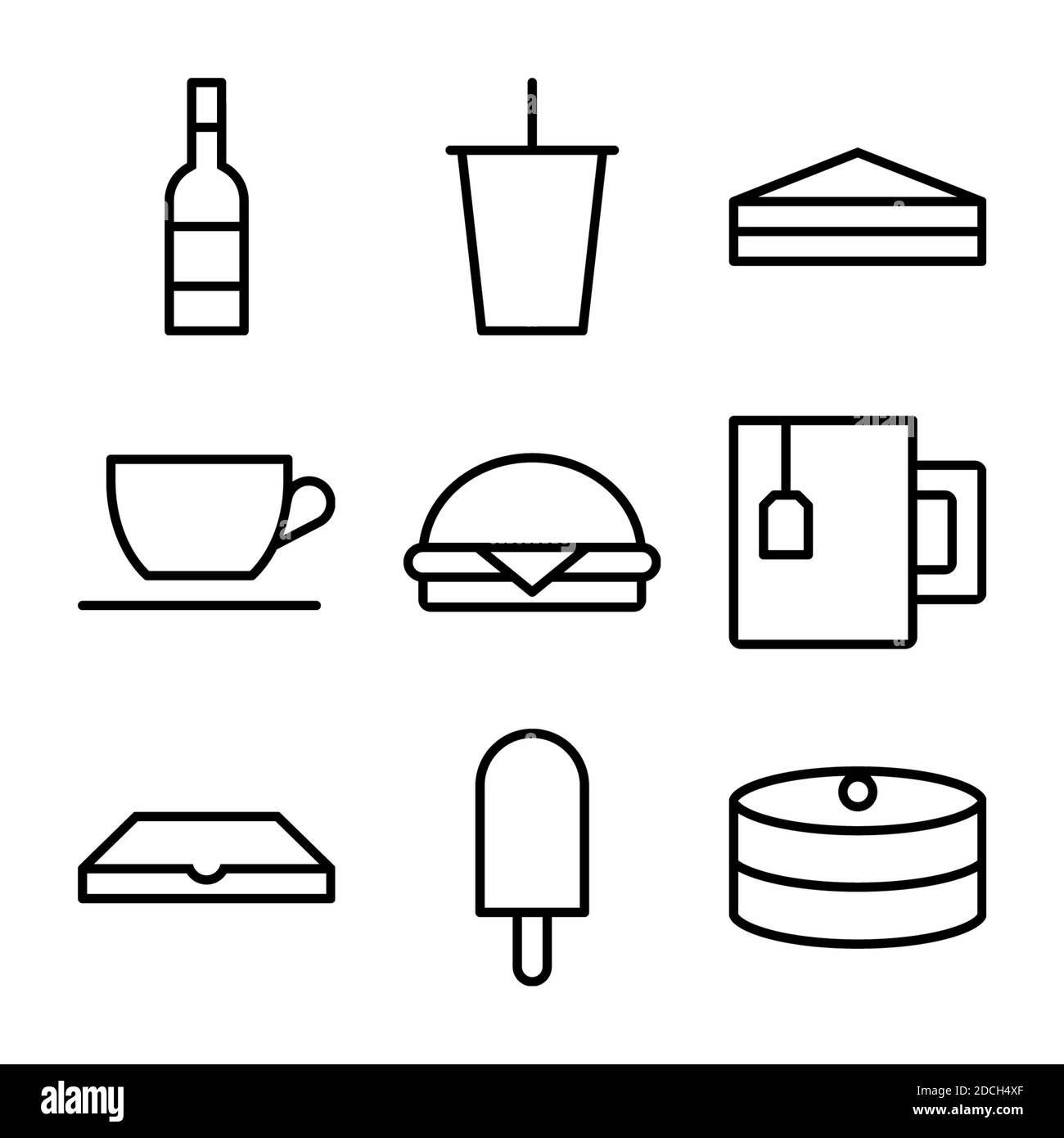 Line Icons Symbols burger food restaurant cup coffee ice cream pizza Stock Photo