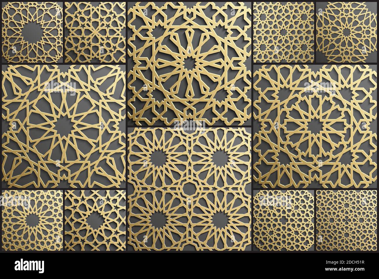 Gold islamic art 3d pattern set. Pattern islamic motif. Ramadan kareem vector. Design ornament ottoman muslim circle. 3D eid background. Stock Vector