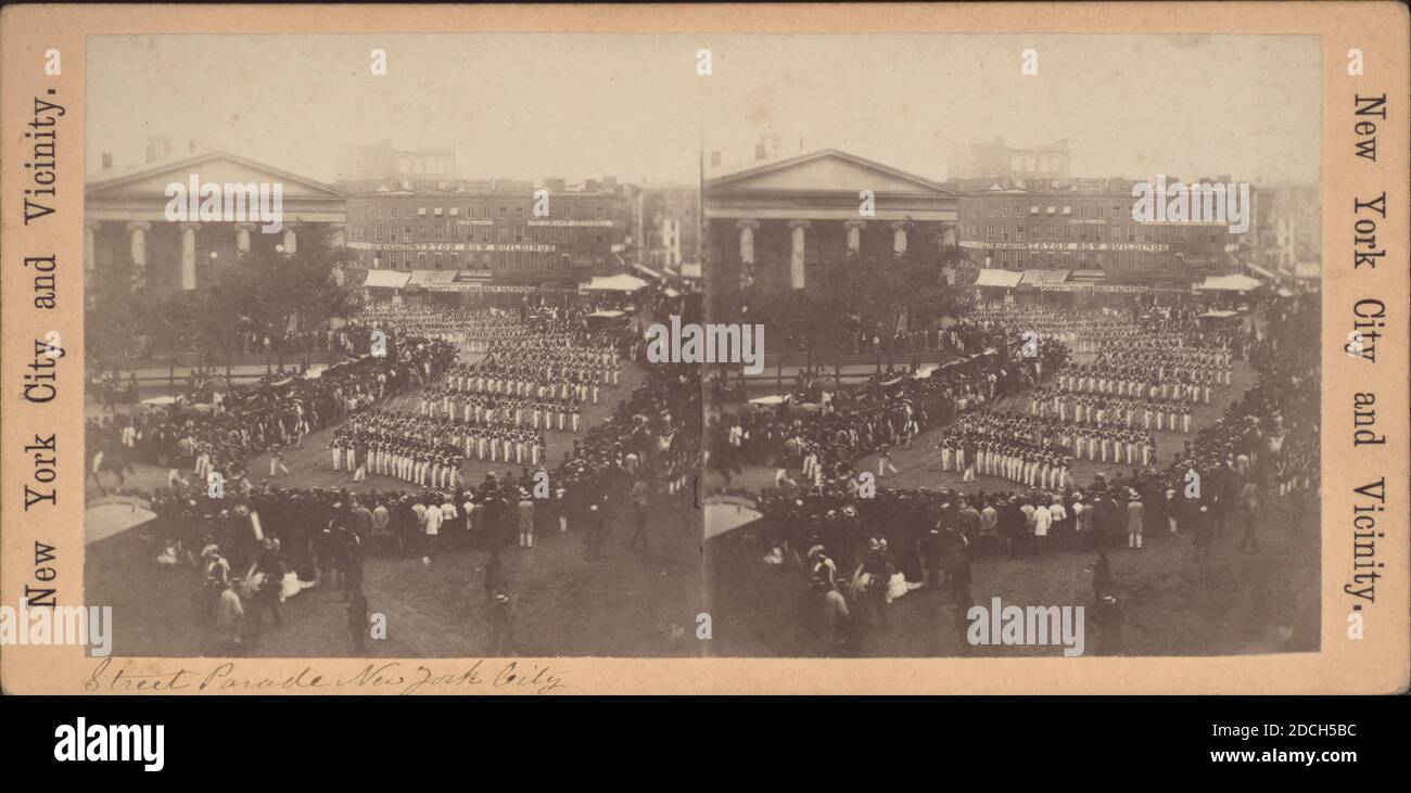 Street Parade, New York City., 1860, New York (State), New York (N.Y.), Manhattan (New York, N.Y.), Park Row (New York, N.Y.), City Hall Park (New York, N.Y Stock Photo