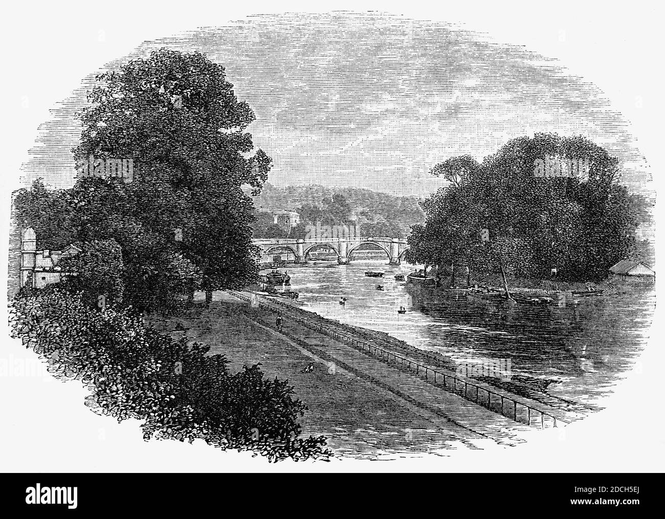 A 19th Century view of Richmond Bridge, an 18th-century stone arch bridge that crosses the River Thames at Richmond, connecting the two halves of the present-day London Borough of Richmond upon Thames. The oldest surviving Thames bridge in London it was designed by James Paine and Kenton Couse. Stock Photo