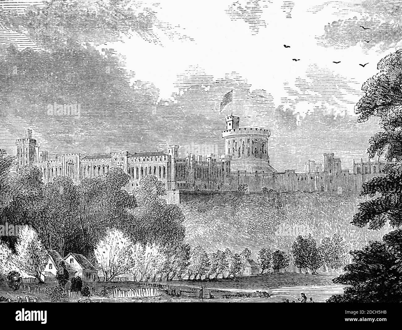 A 19th Century view across the River Thames of Windsor Castle originally built in the 11th century after the Norman invasion of England by William the Conqueror. Since the time of Henry I, it has been used by the reigning monarch and is the longest-occupied palace in Europe, Berkshire, England Stock Photo