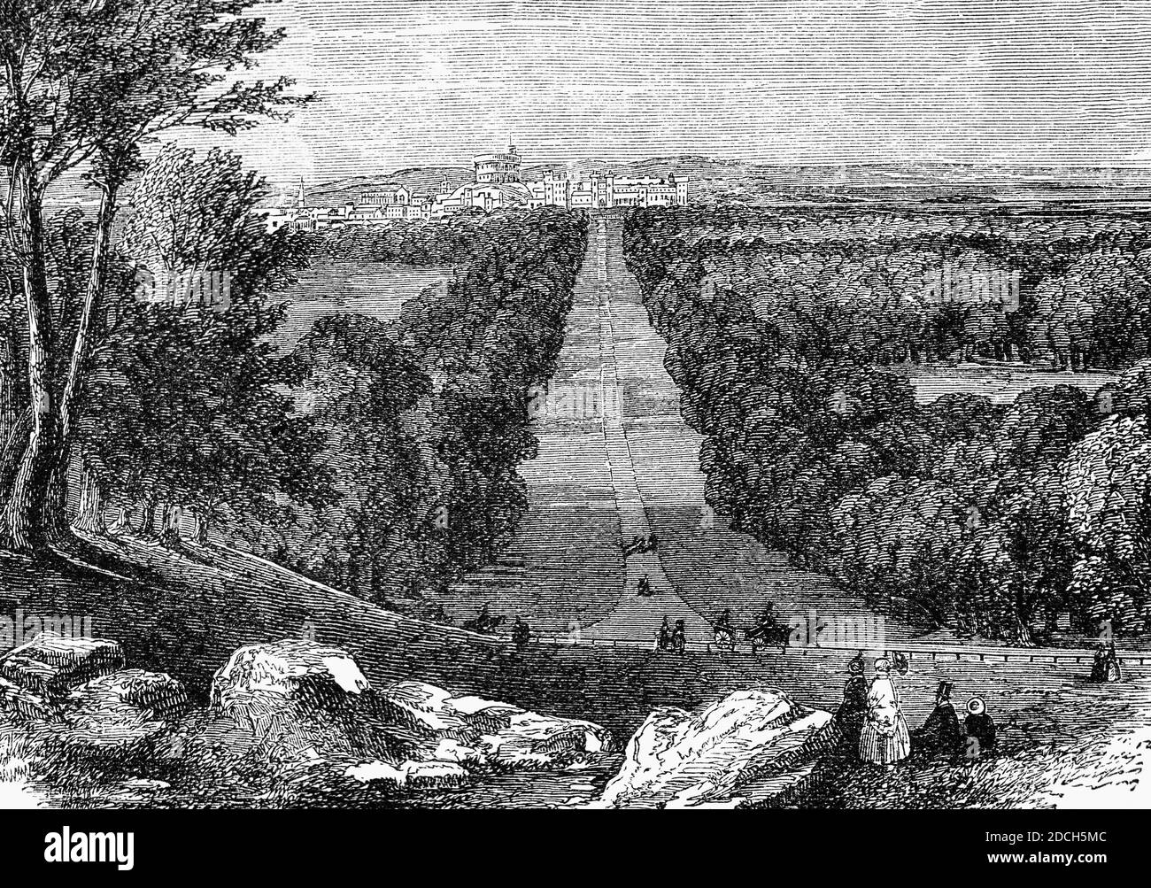 A 19th Century view across Windsor Park, and up the Long walk to Windsor Castle originally built in the 11th century after the Norman invasion of England by William the Conqueror. Since the time of Henry I, it has been used by the reigning monarch and is the longest-occupied palace in Europe, Berkshire, England Stock Photo