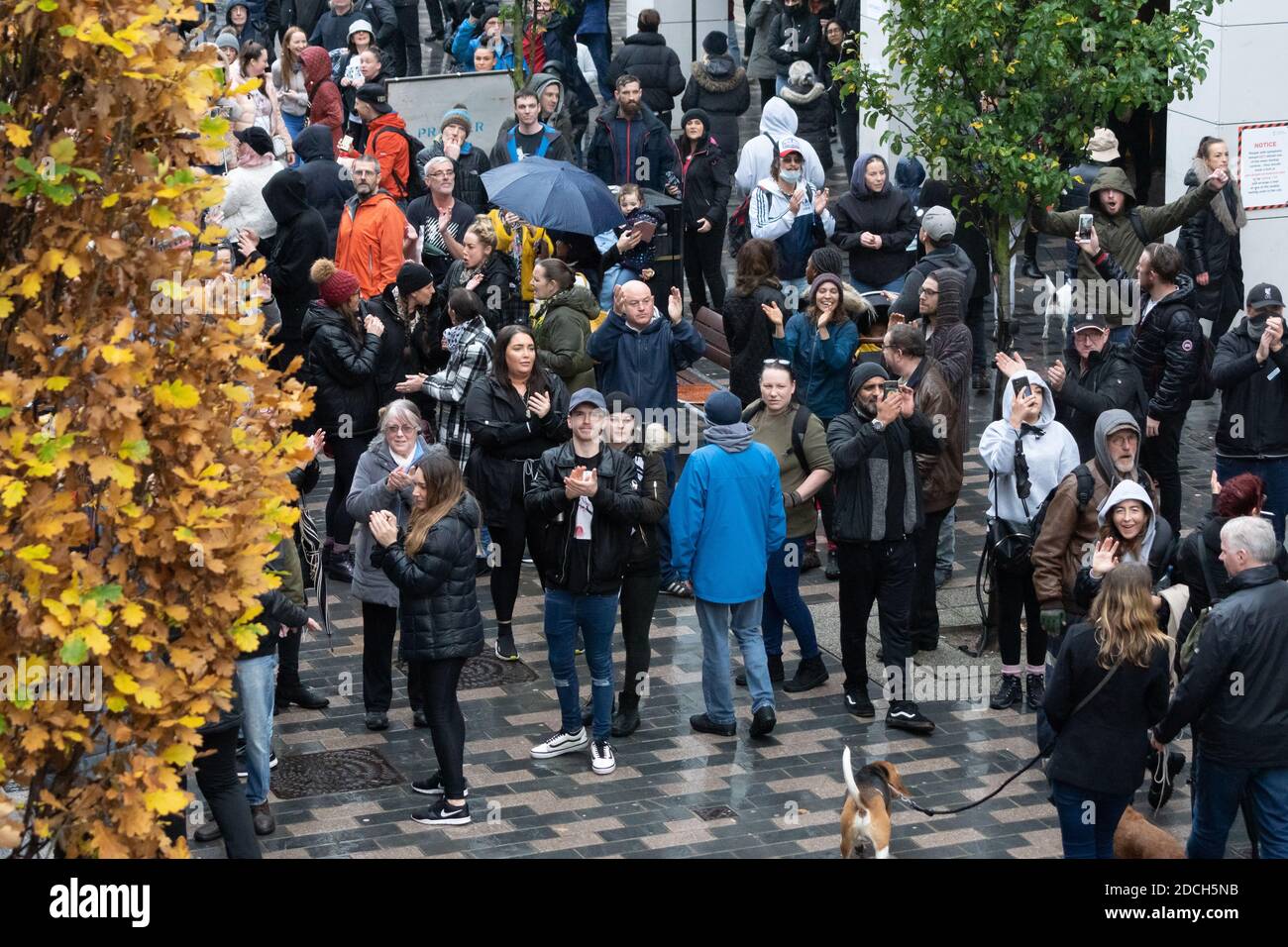 Liverpool, UK. 21st Nov 2020. Protesters gather in Liverpool City Centre and march through the streets to show their dissatisfaction with UK lockdown measures and government response to COVID-19. Tensions rise as protesters clash with police. Credit: Callum Fraser/Alamy Live News Stock Photo