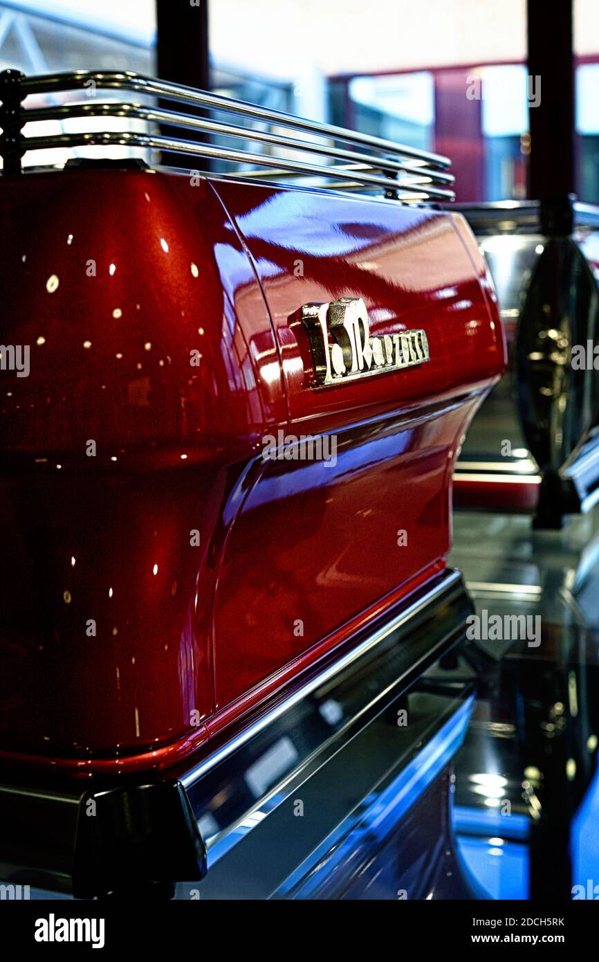 ITALY / Florence / La Marzocco / Coffee Style/Red customised La Marzocco espresso machine.The Ferrari of espresso machines. Stock Photo