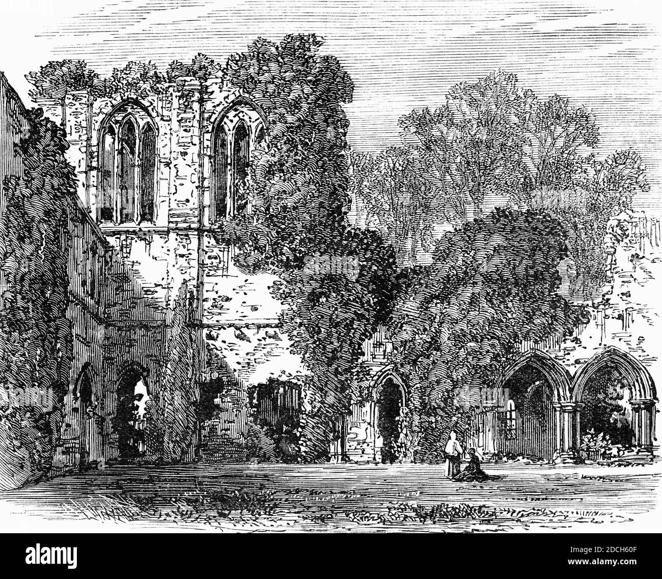 A 19th Century view of Netley Abbey, a ruined late medieval monastery in the village of Netley near Southampton in Hampshire, England. The abbey was founded in 1239 as a house for monks of the austere Cistercian order, but despite royal patronage, Netley was never rich, produced no influential scholars nor churchmen, and its nearly 300-year history was quiet. Stock Photo
