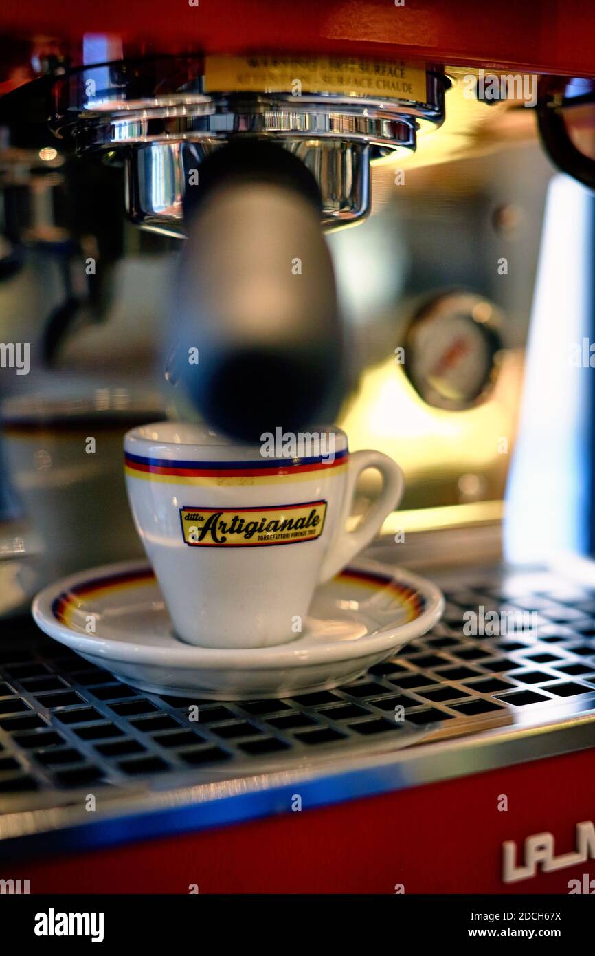 ITALY / Florence / offee machine preparing cup of espresso coffee Stock Photo