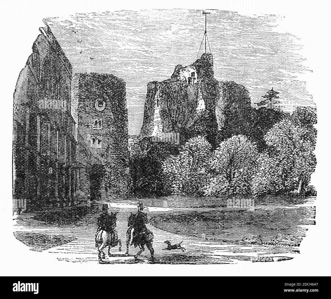 A 19th Century view of the keep in Arundel Castle in Arundel, West Sussex, England. It was established by Roger de Montgomery in 1067, the first to hold the earldom of Arundel by the graces of William the Conqueror. The castle was damaged in the English Civil War and then restored in the 18th and 19th centuries by Charles Howard the 11th Duke of Norfolk. Stock Photo