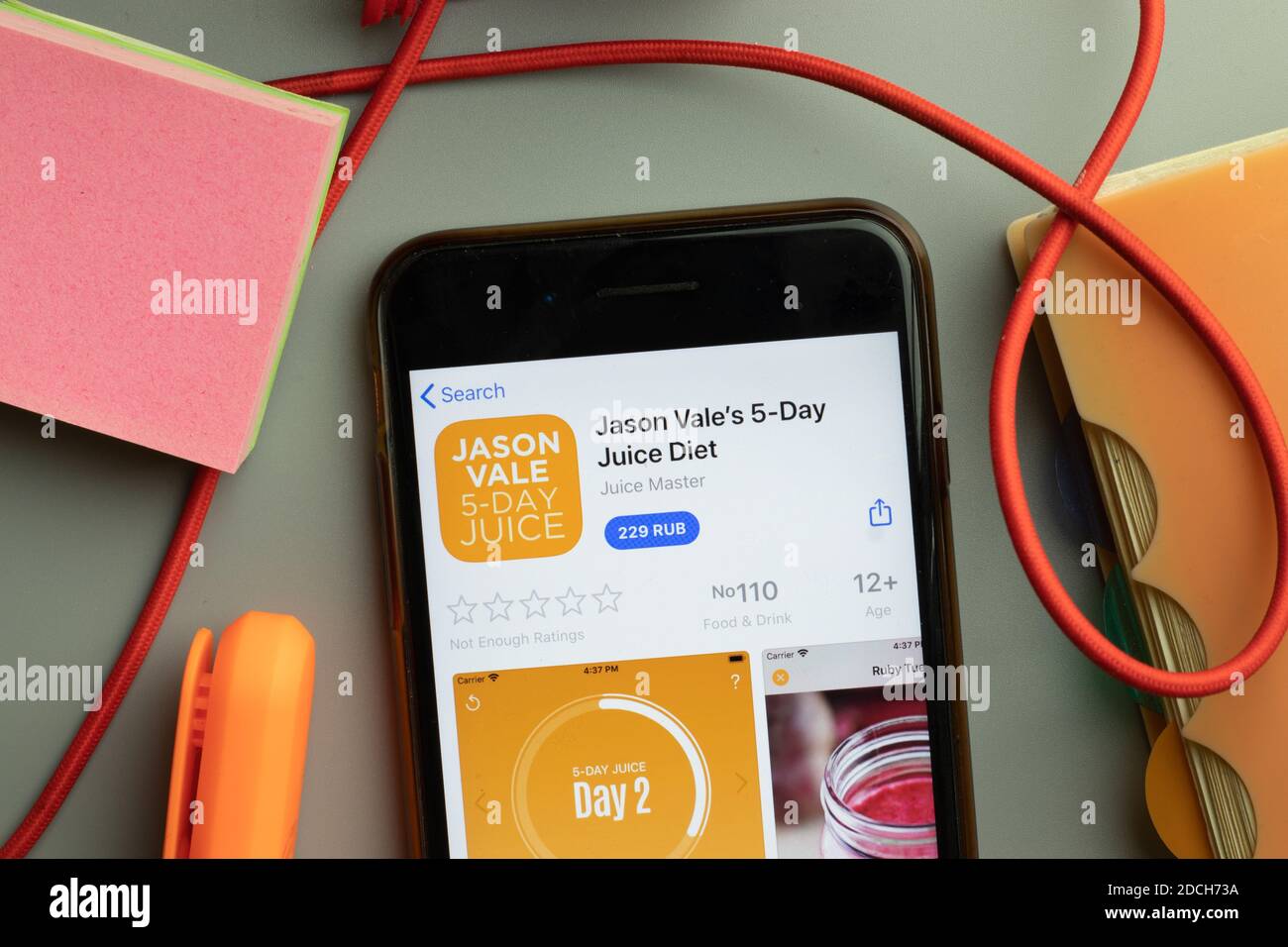 New York, United States - 7 November 2020: Jason Vales 5 Day Juice diet app store logo on phone screen, Illustrative Editorial. Stock Photo