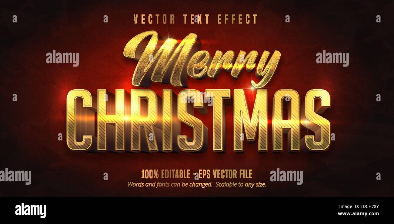 Merry christmas text, shiny gold christmas style editable text effect Stock Vector